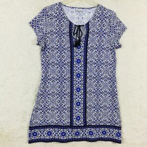 Lands' End Womens Dress Mini Shift‎ Short Sleeve Blue White Floral Stretch S